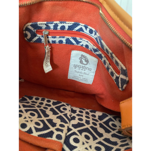 Spartina 449 Linen Leather Bag Daufuskie Island Geo Canvas Coastal Resort Prep - Picture 8 of 10